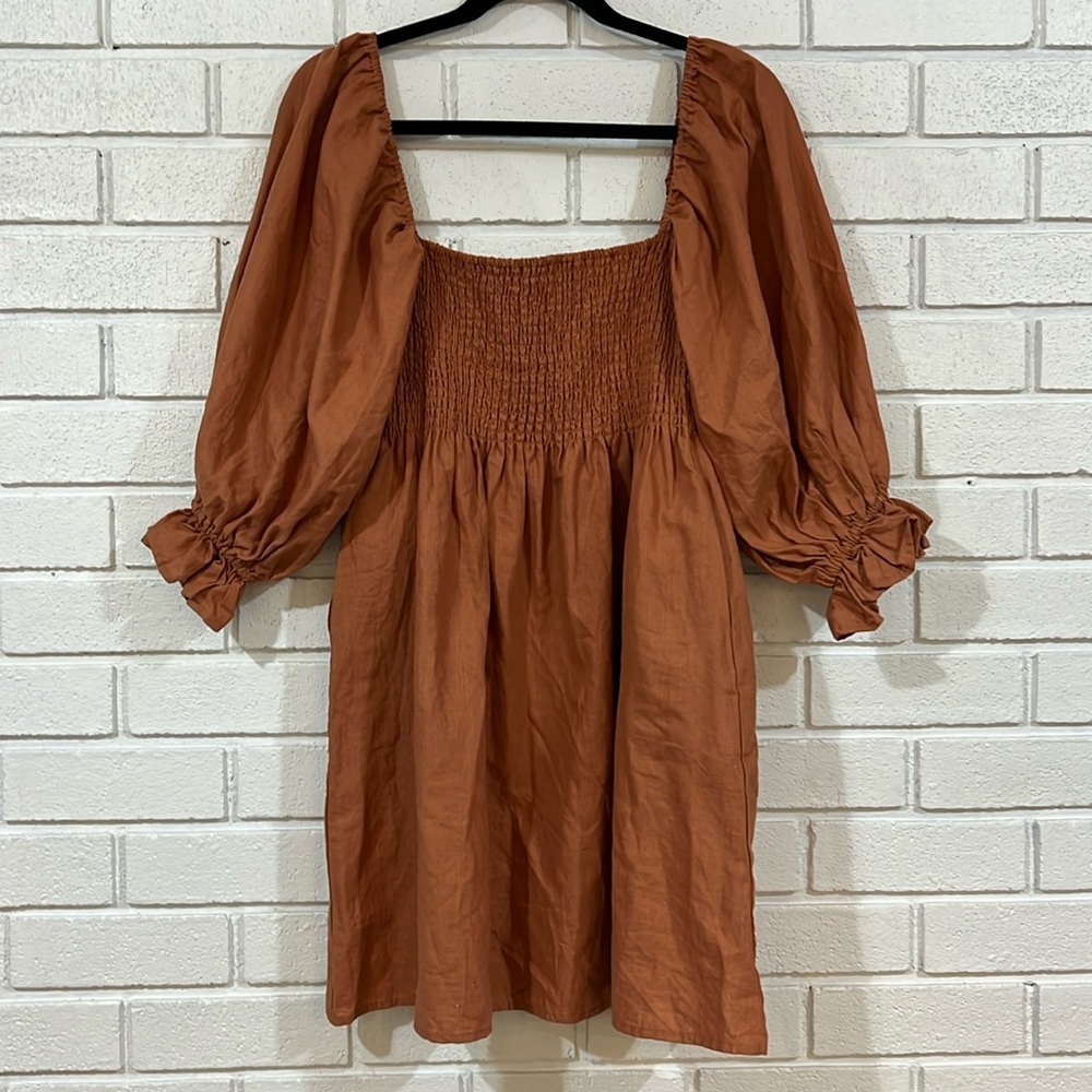 Kourt Flax Blend Baby Doll Pleated Balloon Sleeve Top Burnt Orange